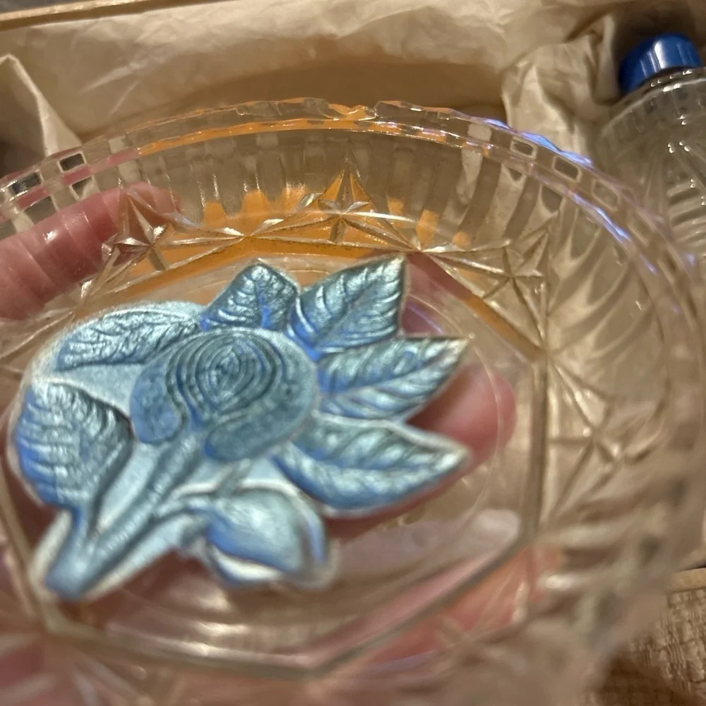 Vintage Vanity Powder Set Glass Decantes & Powder Jar with Blue Rose Design